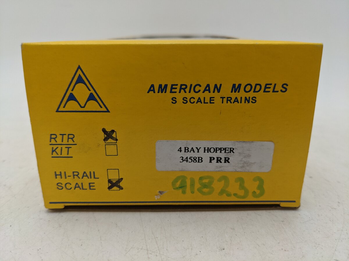 American Models 3458B S Scale PRR 4-Bay Hopper Scale- Wheels & Couplers EX/Box