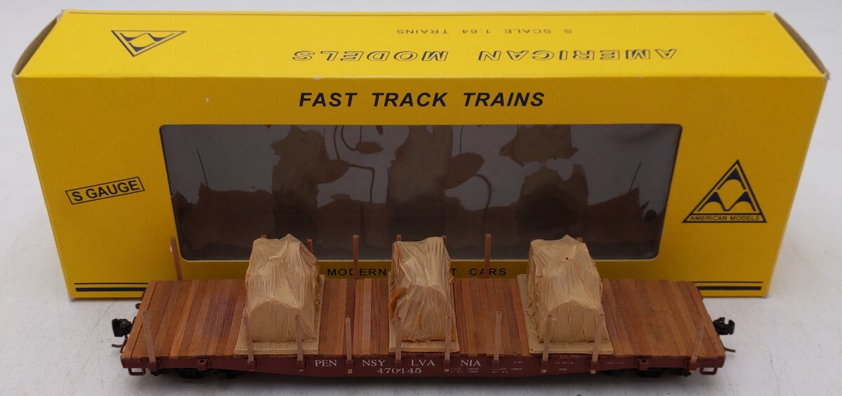 American Models S Gauge Pennsylvania Railroad Flatcar #470145 w/ Load VG/Box