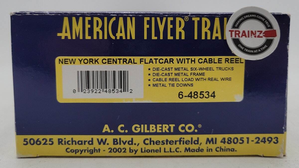 American Flyer 6-48534 S Scale New York Central Flatcar w/ Cable Reel