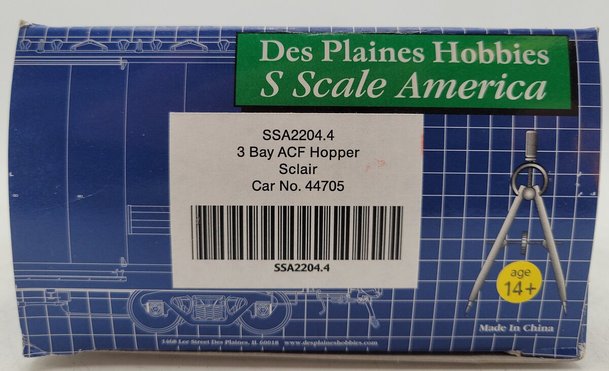 Des Plaines Hobbies SSA2204.4 S Gauge Sclair 3-Bay ACF Hopper Car #44705 LN/Box
