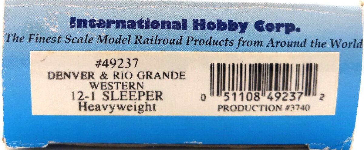 IHC 49237 HO Scale D&RGW Heavyweight Sleeper Car EX/Box