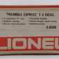 Lionel 6-8568 O Gauge Preamble Express F3 A Diesel Locomotive #8568 EX/Box
