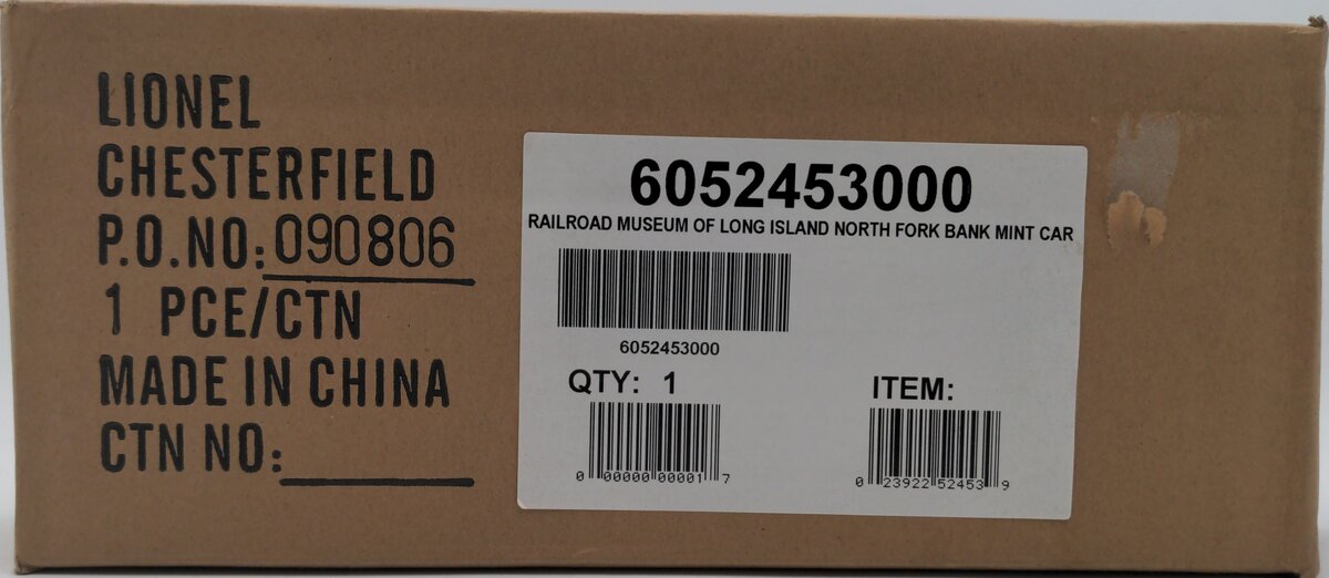 Lionel 6-52453 O Gauge Railroad Museum of Long Island North Fork Bank Car #9007 LN/Box