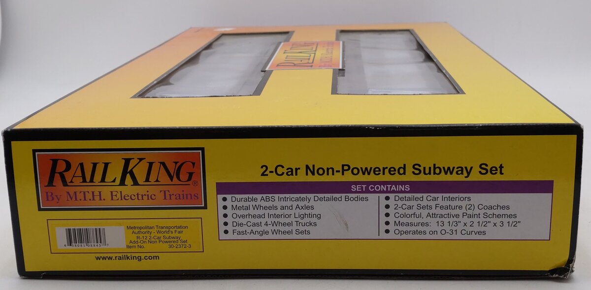 MTH 30-2372-3 O MTA World's Fair R-12 Subway Add-On Non Powered Set (Set of 2) NIB
