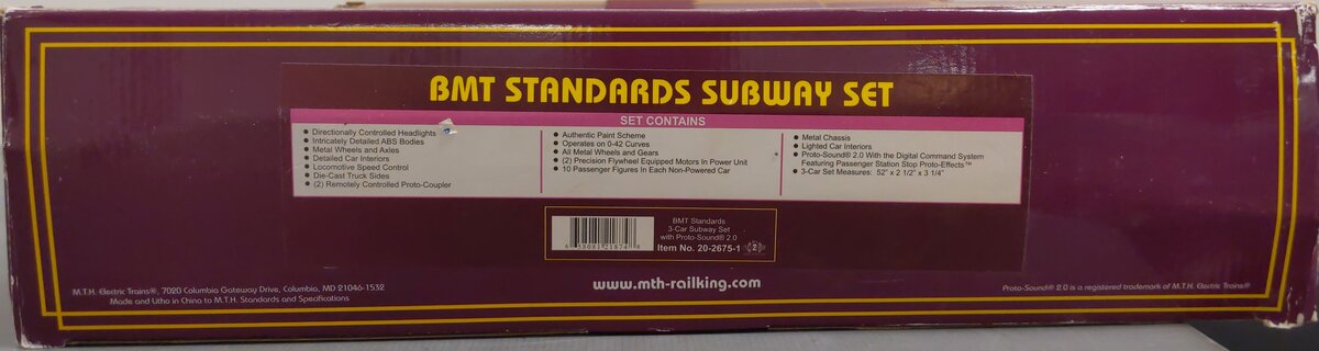 MTH 20-2675-1 O Gauge BMT 2500 Series Non Powered Subway Set (Set of 2) LN/Box