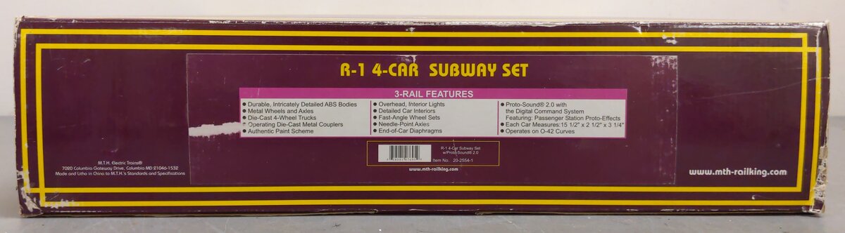 MTH 20-2554-1 O Premier R-1 Subway Passenger Set w/Proto-Sound 2.0 (Set of 4) LN/Box