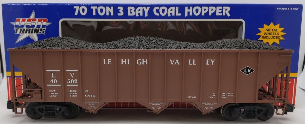 USA Trains R14020 Lehigh Valley 70-Ton 3-Bay Coal Hopper #40502 with Coal Load EX/Box