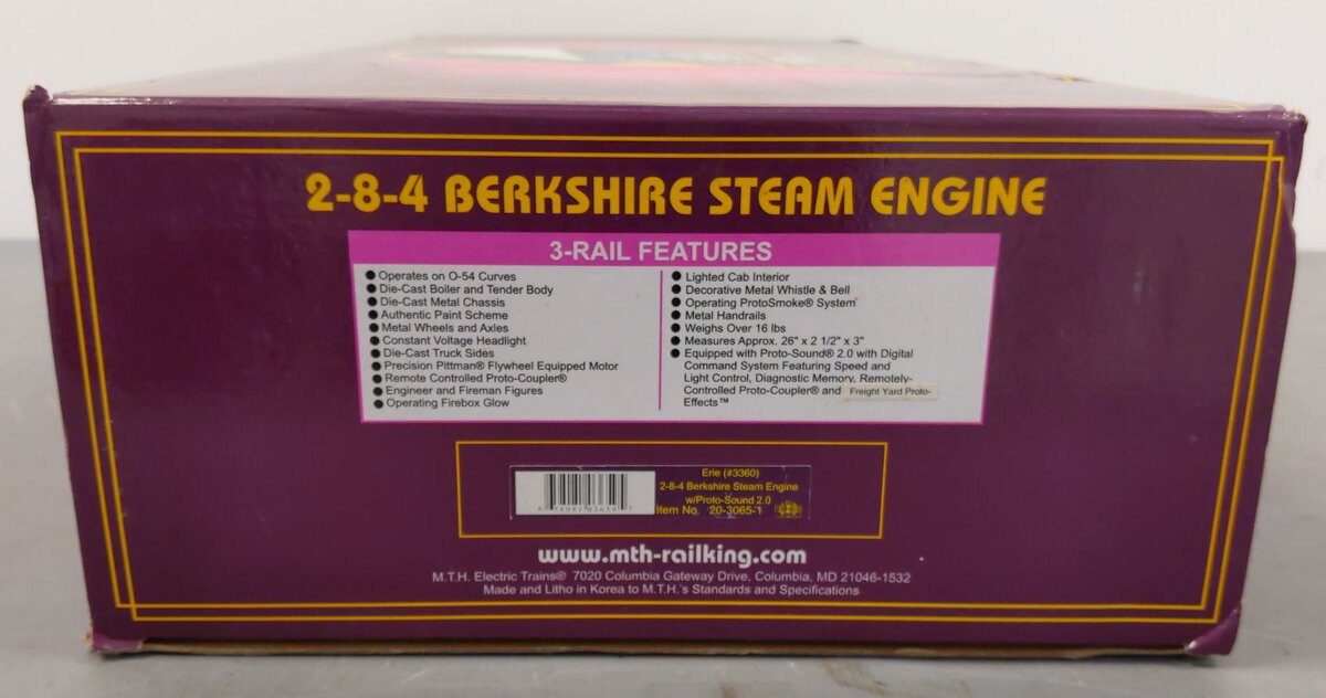 MTH 20-3065-1 O Gauge Erie Berkshire Steam Locomotive & Tender w/PS2 #3360 EX/Box