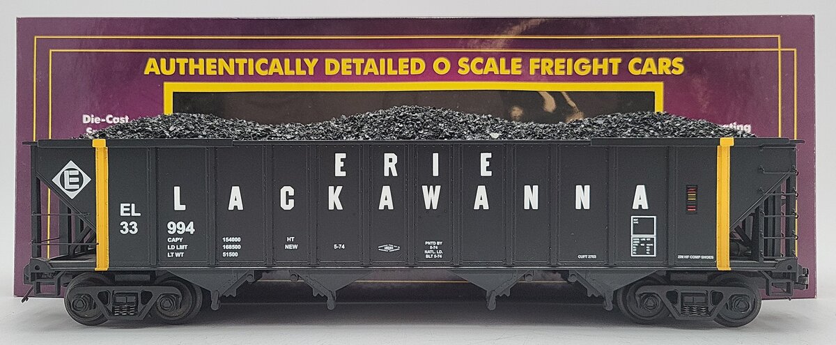 MTH 20-97582 O Gauge Erie Lackawanna 4-Bay Hopper Car #33994 with Coal Load LN/Box