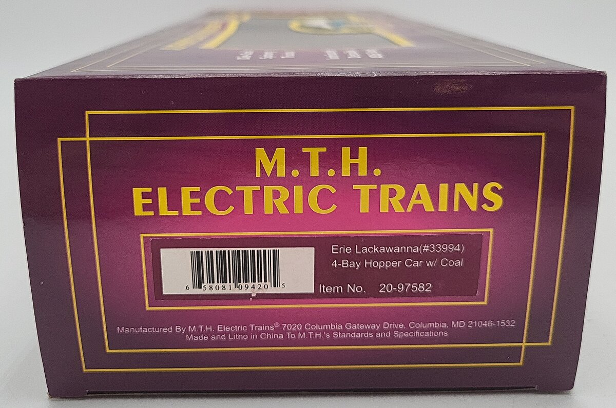 MTH 20-97582 O Gauge Erie Lackawanna 4-Bay Hopper Car #33994 with Coal Load LN/Box