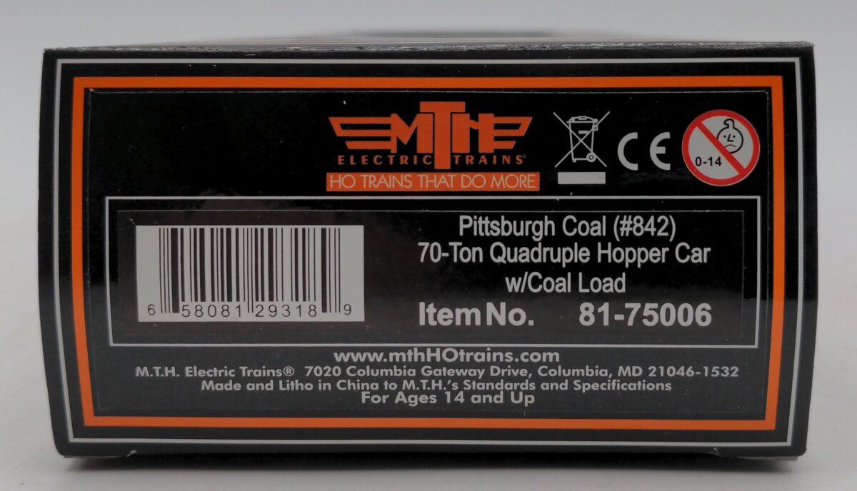 MTH 81-75006 Pittsburgh Coal Company HO Scale 70-Ton Quadruple Hopper Car