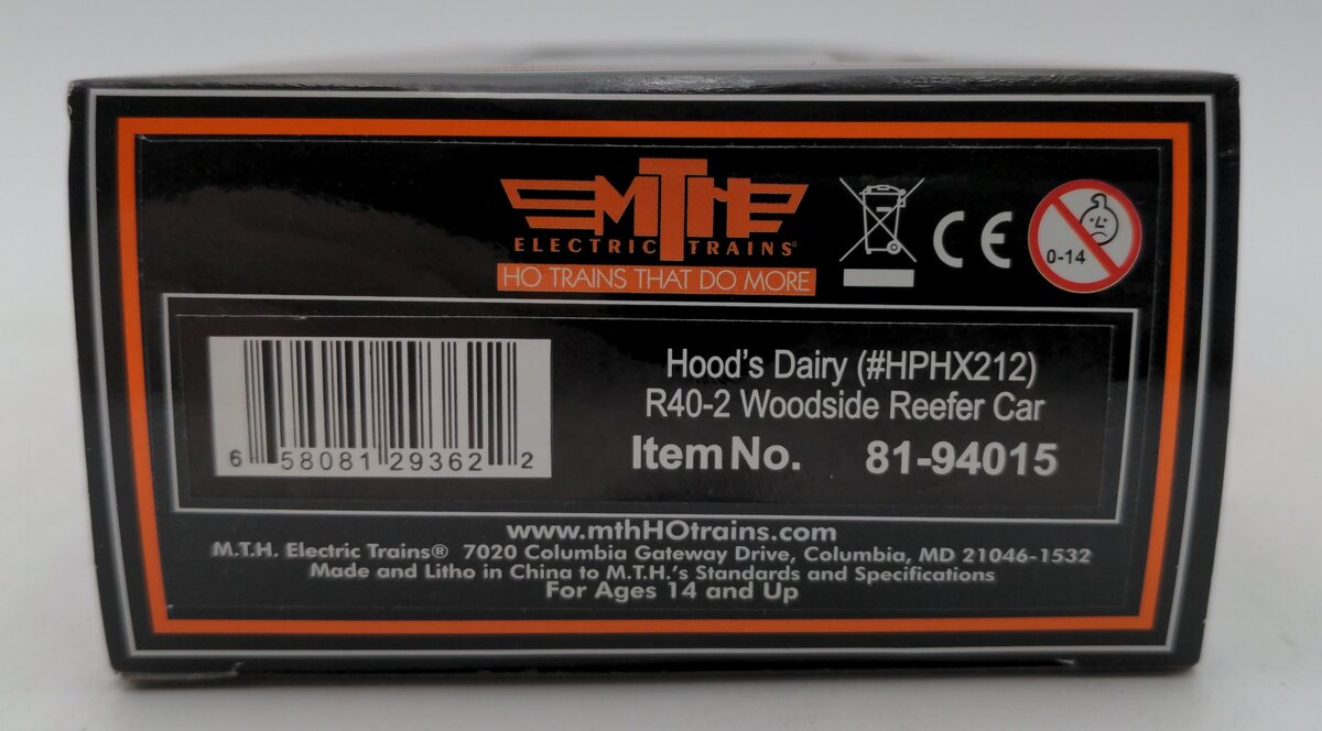 MTH 81-94015 Hood's Dairy HO Scale R40-2 Woodside Reefer Car