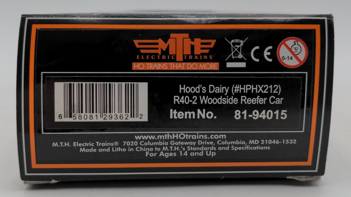 MTH 81-94015 Hood's Dairy HO Scale R40-2 Woodside Reefer Car