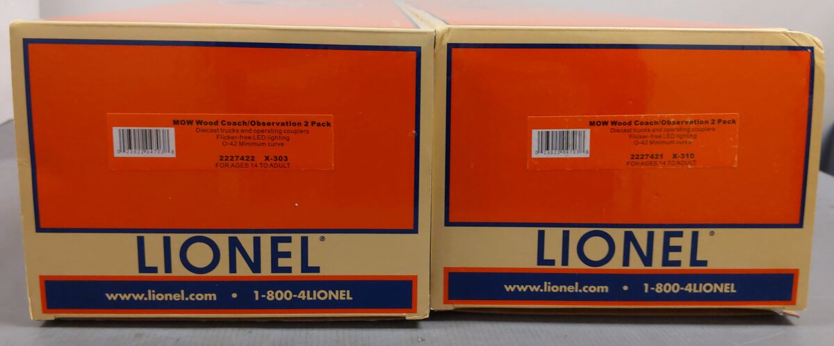 Lionel 2227420 O Maintenance of Way Wood Coach/Observation Car (Set of 2) EX/Box