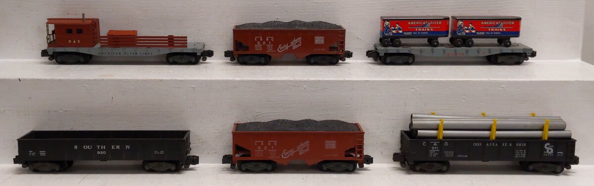 American Flyer Vintage S Freight Cars: 24108, 926, 24205-921, 920, 24525, 921[6] VG
