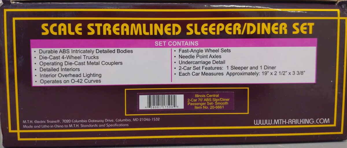 MTH 20-6661 O IC 70' Streamlined Sleeper/Diner Passenger Car Set (Set of 2) LN/Box