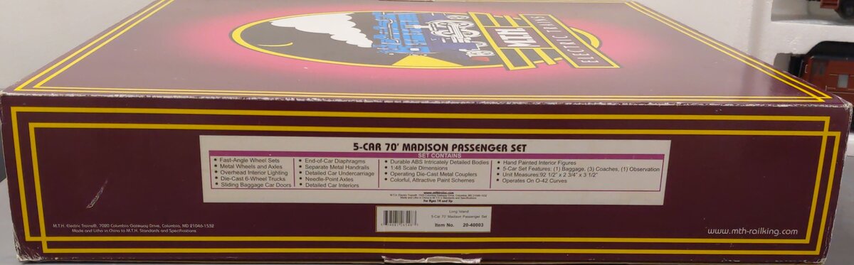 MTH 20-40003 O Long Island Premier 70' Madison Passenger Car Set (Set of 5)