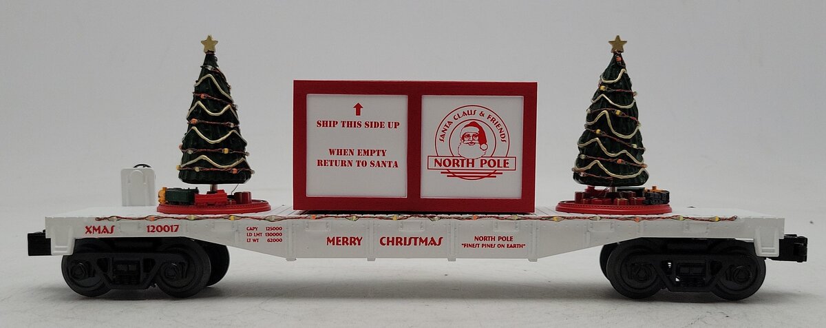 MTH 30-76685 O Christmas Flat Car with Lighted White Christmas Trees  LN/Box