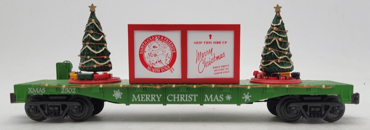 MTH 30-76773 O Christmas Green Flat Car with Lighted Christmas Trees LN/Box