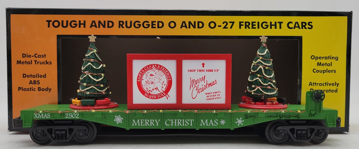 MTH 30-76773 O Christmas Green Flat Car with Lighted Christmas Trees LN/Box