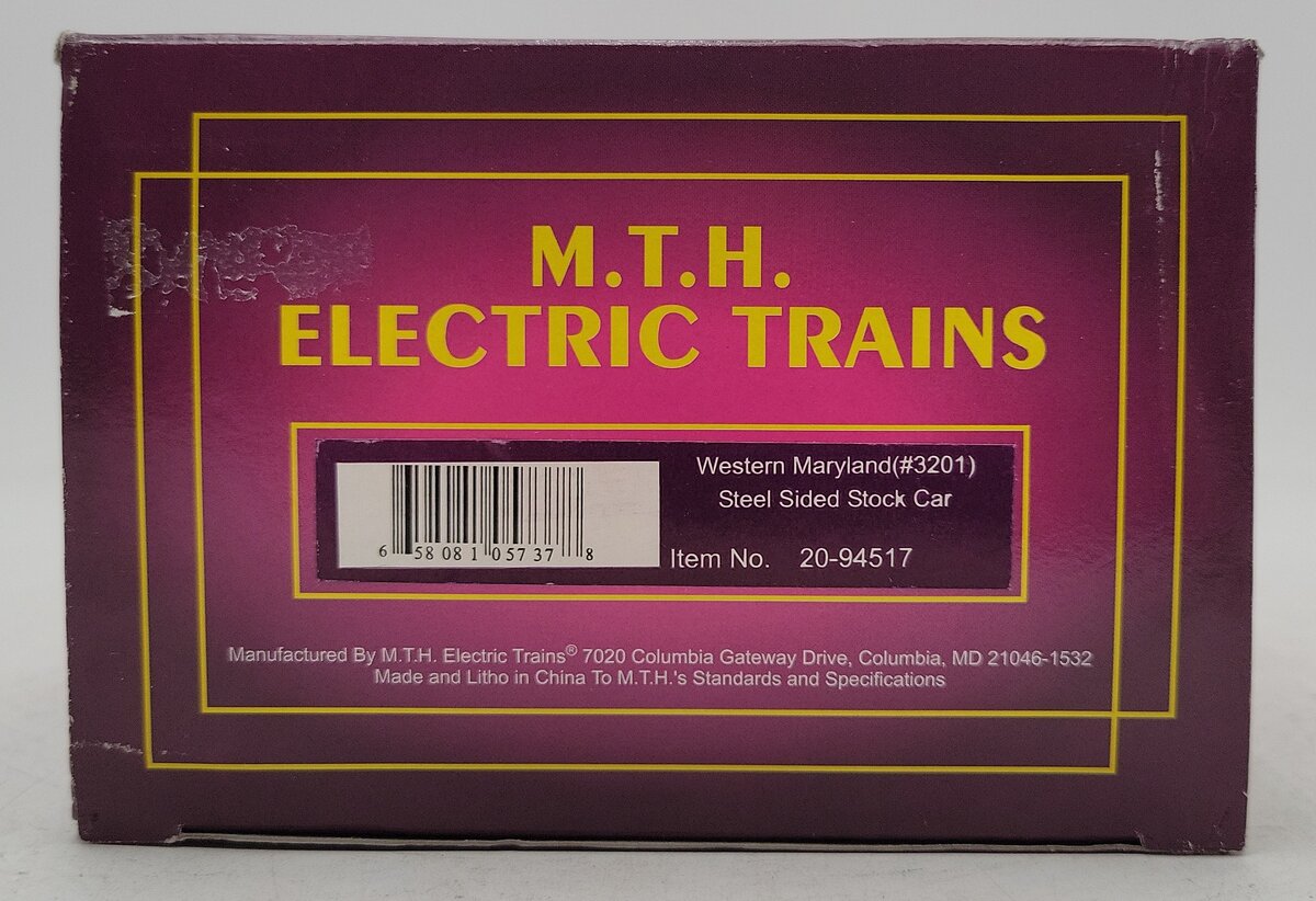 MTH 20-94517 O Gauge Western Maryland Steel Sided Stock Car LN/Box