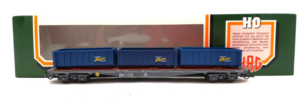 HAG 381 HO SBB Flatcar w/ Stakes & Schnider Containers LN/Box