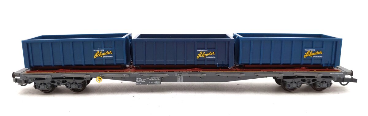 HAG 381 HO SBB Flatcar w/ Stakes & Schnider Containers LN/Box
