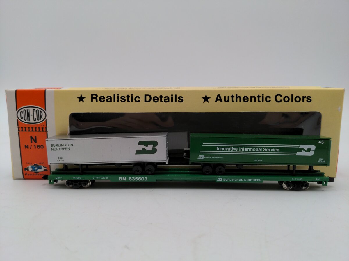 Con-Cor 0001-01206D N Burlington Northern 90' Flatcar with 2 Piggyback Trailers LN/Box