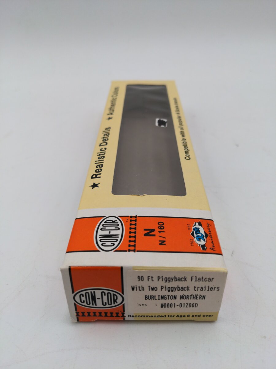 Con-Cor 0001-01206D N Burlington Northern 90' Flatcar with 2 Piggyback Trailers LN/Box