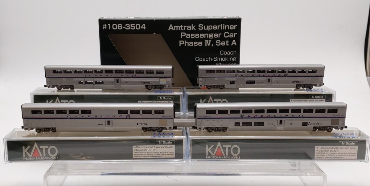 Kato 106-3504 N Scale Amtrak Superliner 4-Car Passenger (Set A) NIB