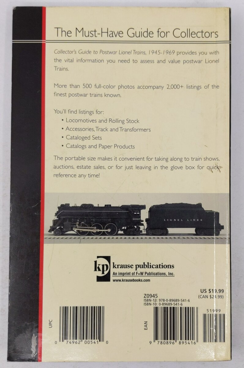 Collector's Guide to Postwar Lionel Trains, 1945-1969 Paperback Book VG