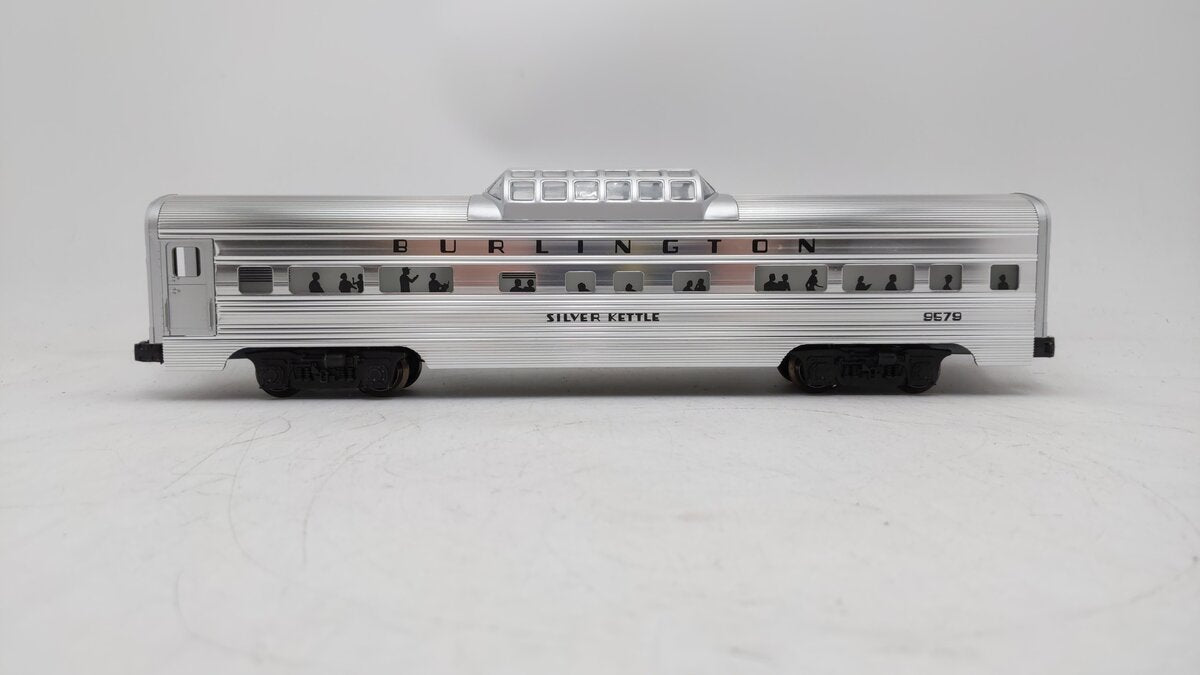 Lionel 6-9579 O Gauge Burlington "Silver Kettle" Aluminum Vista Dome Car EX
