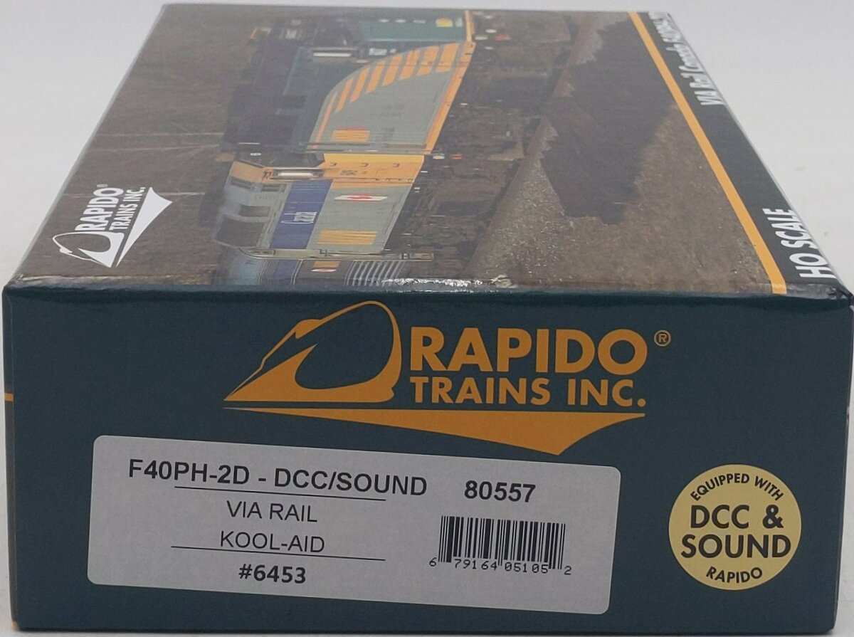 Rapido Trains 80557 HO VIA Kool-Aid EMD F40PH-2D Diesel Loco Sound/DC/DCC #6453