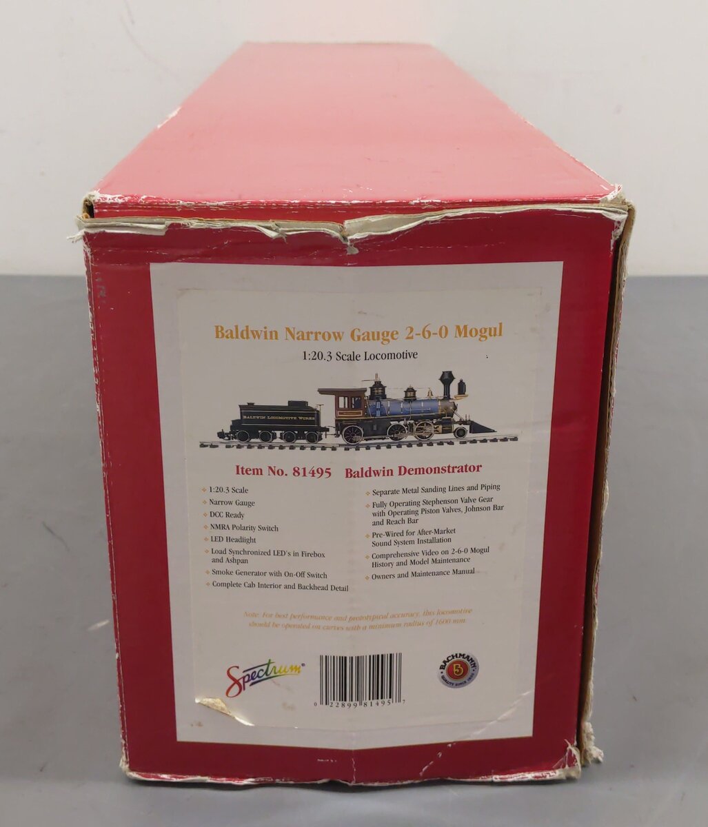 Bachmann 81495 1:20.3 Narrow Gauge Baldwin 2-6-0 Mogul Steam Locomotive & Tender EX/Box
