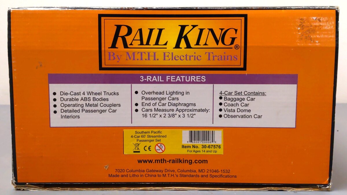 MTH 30-67576 O Southern Pacific 60' Streamline Passenger Car Set (Set of 4) EX/Box