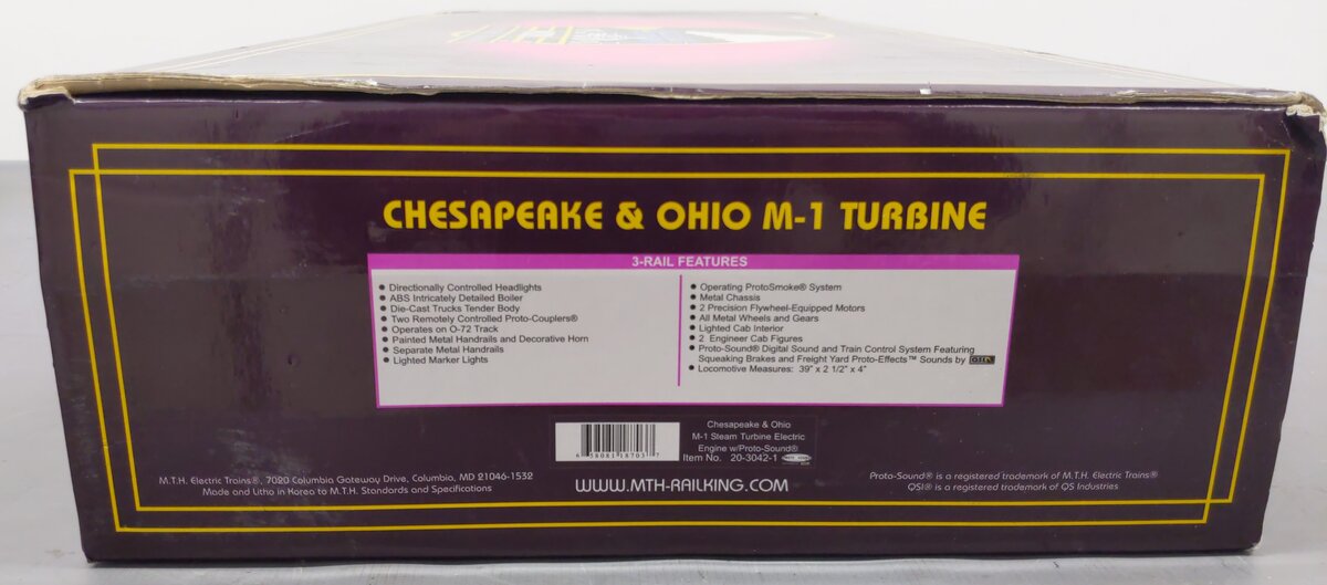 MTH 20-3042-1 O Chesapeake & Ohio M-1 Steam Turbine Electric Locomotive w/PS1 EX/Box