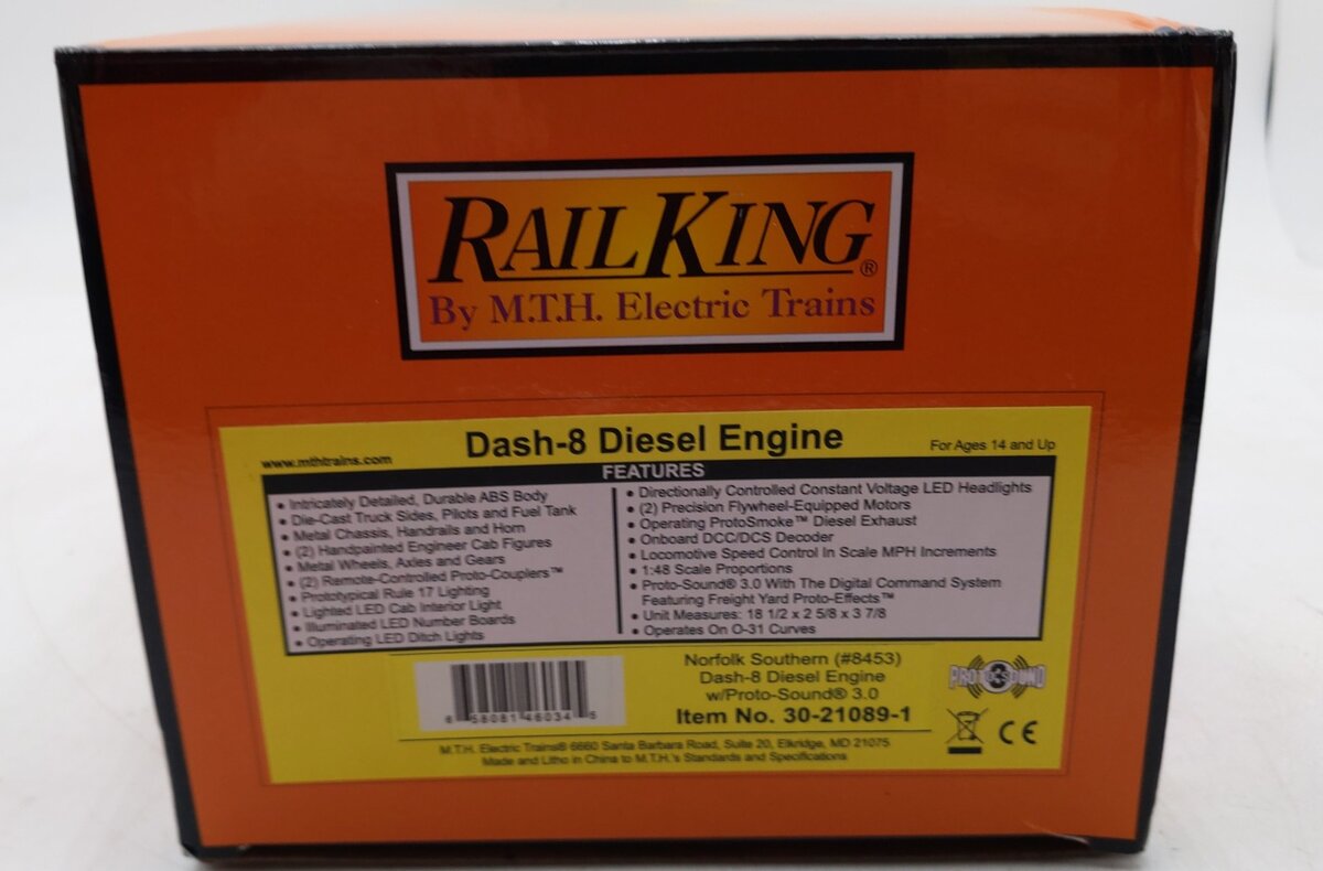 MTH 30-21089-1 O Norfolk Southern Dash-8 Diesel Locomotive #8453 W/Proto Sound3 EX/Box