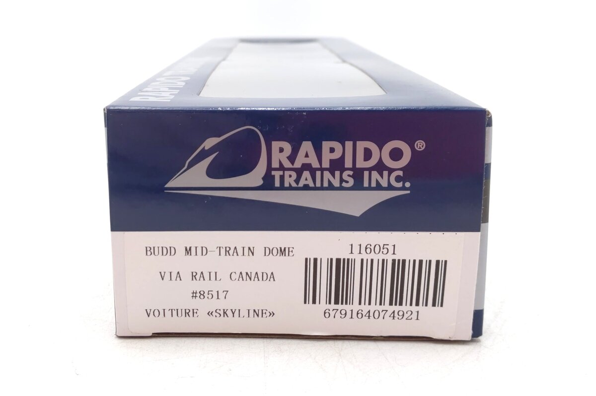 Rapido Trains 116051 HO VIA Rail Canada Budd Mid-Train Dome Car #8517