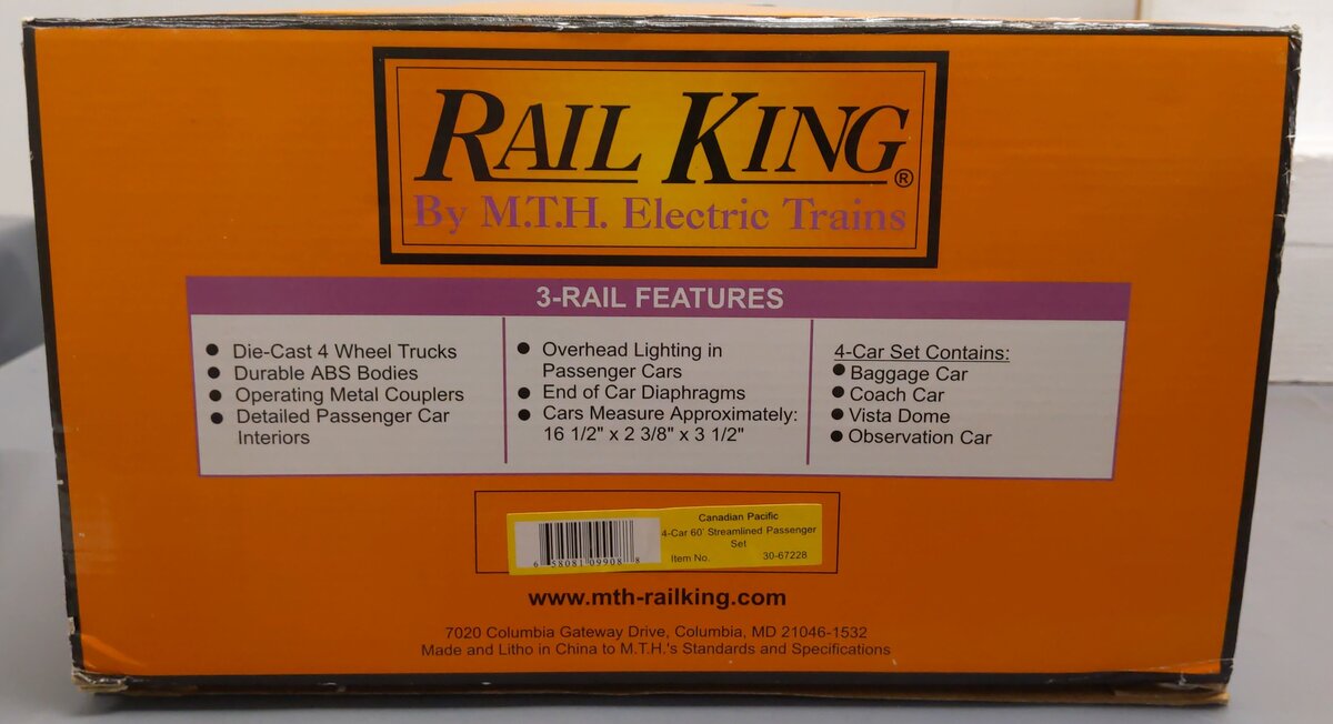 MTH 30-67228 O Gauge Canadian Pacific 60' Streamline Passenger Set of 4 LN/Box