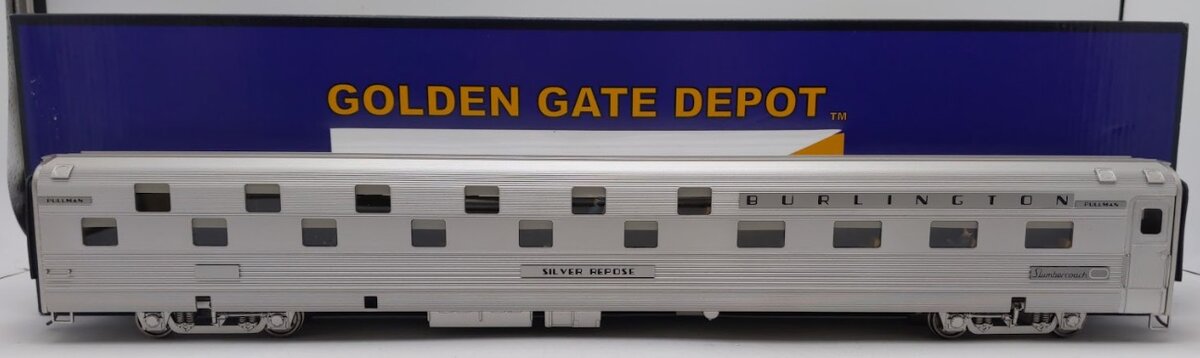Golden Gate Depot O Aluminum CB&Q Budd Slumber "Silver Repose" Coach (2 Rail) EX/Box