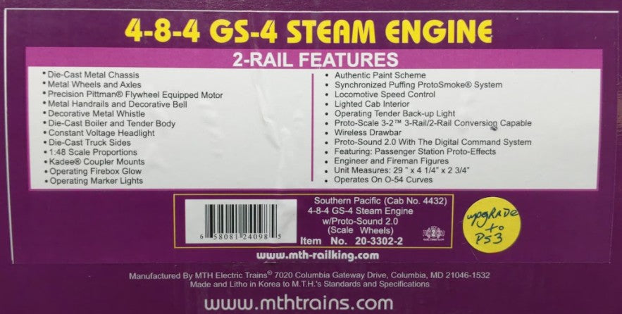 MTH 20-3302-2 O Southern Pacific 4-8-4 GS-4 Steam Locomotive w/ PS3 (2 Rail) EX/Box