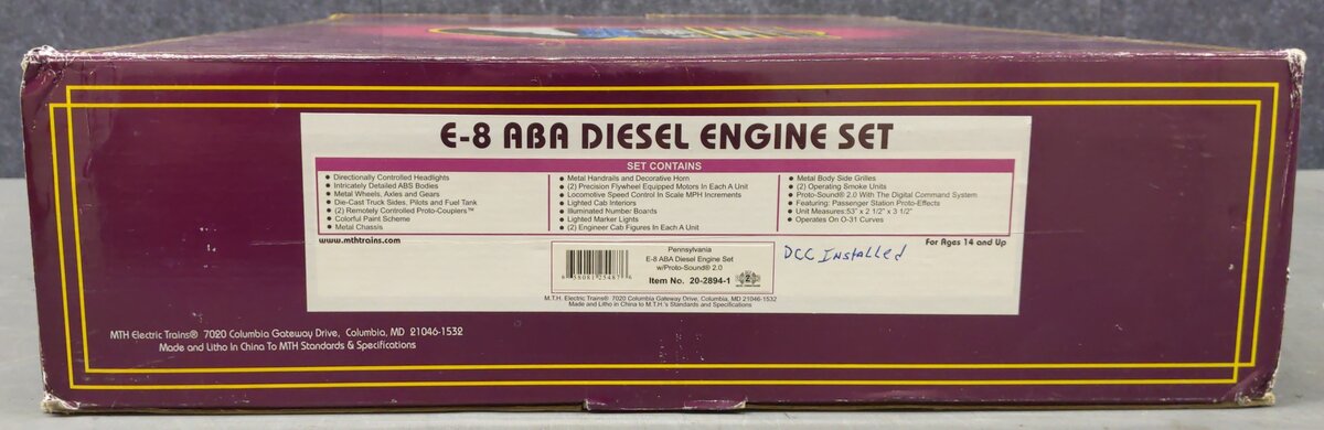 MTH 20-2894-1 O PRR E-8 ABA Diesel Engine Set w/PS 2.0 & DCC #5809A/5711A/5711B EX/Box