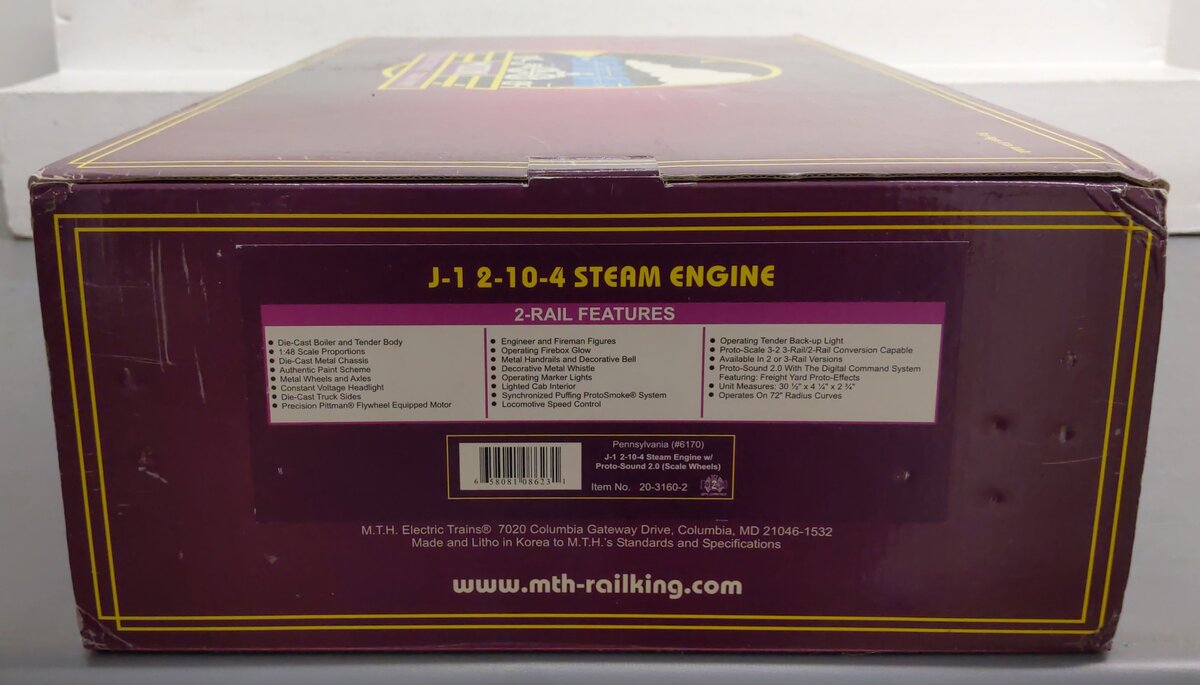 MTH 20-3160-2 Pennsylvania J-1 2-10-4 Steam Locomotive & Tender w/ PS2 (2 Rail) EX/Box