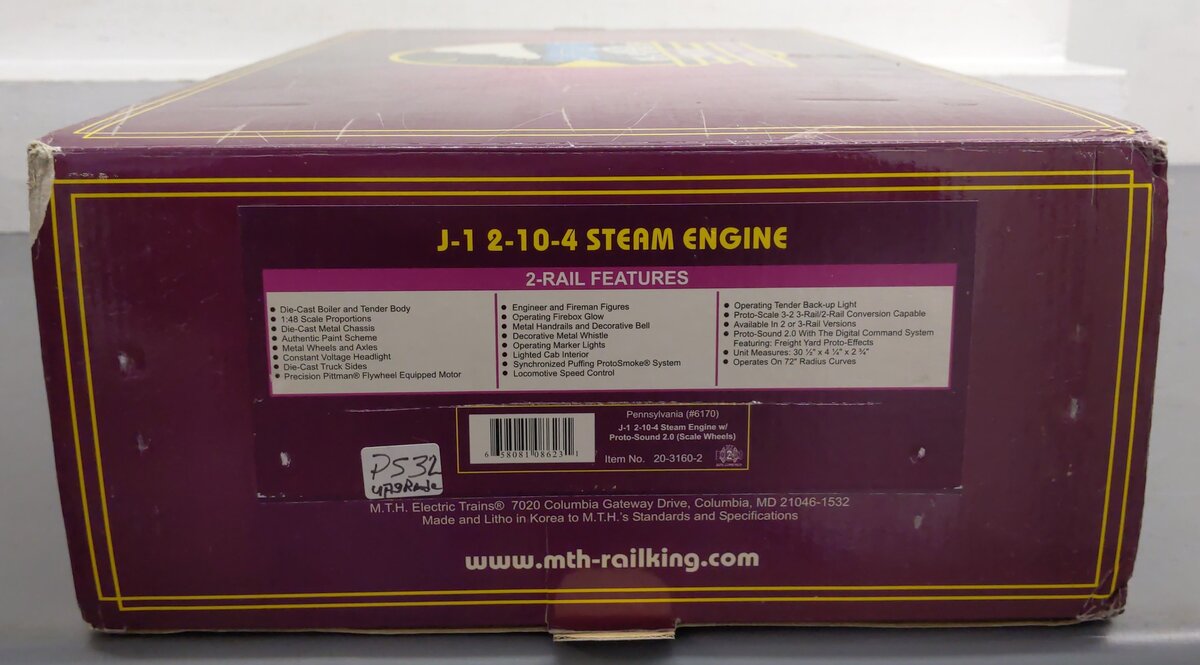 MTH 20-3160-2 Pennsylvania J-1 2-10-4 Steam Locomotive & Tender w/ PS2 (2 Rail) EX/Box