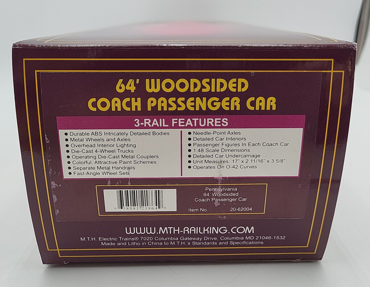 MTH 20-62004 O Scale Pennsylvania 64' Woodsided Coach Car #463 (2-Rail) LN/Box