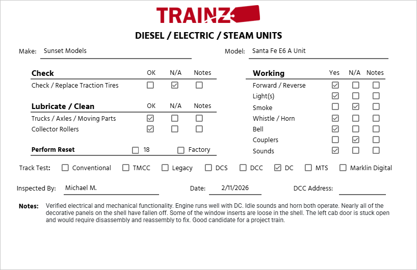 Sunset Models O Scale Santa Fe E5/E6 A Unit Diesel Locomotive #12 (2-Rail) VG/Box