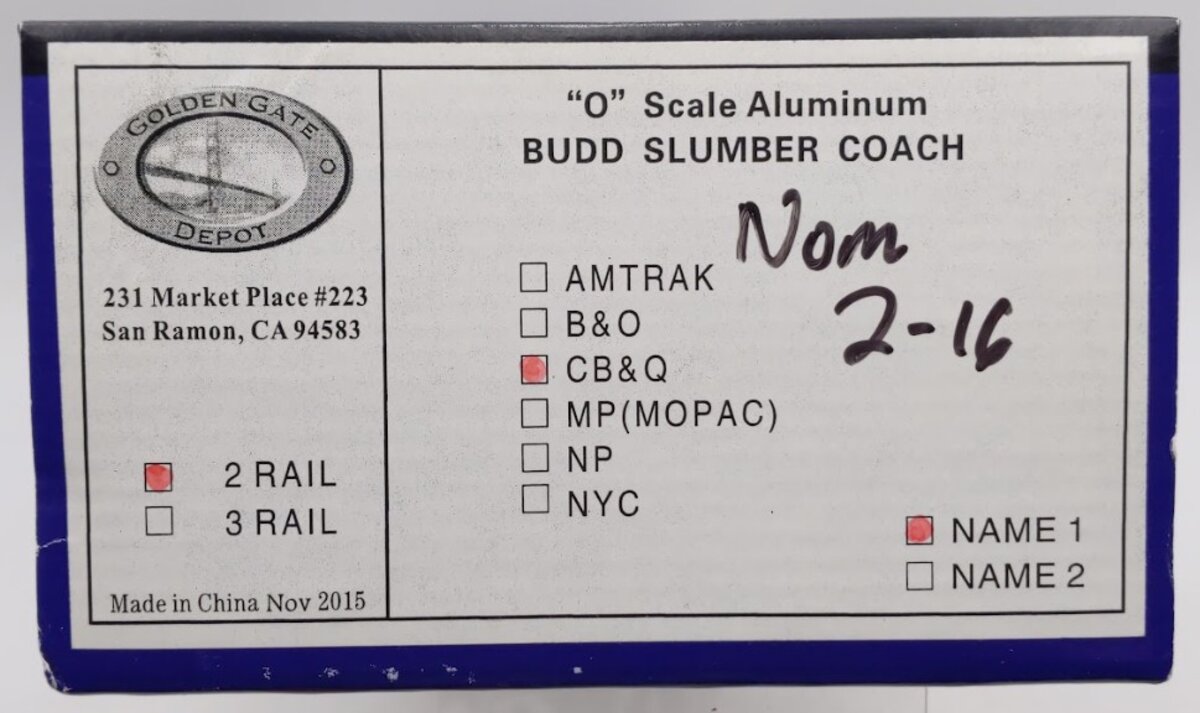Golden Gate Depot O Scale CB&Q Aluminum Budd 