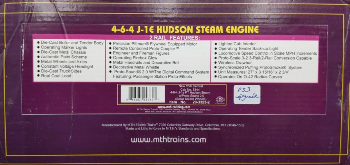 MTH 20-3323-2 New York Central 4-6-4 J-1e PT Hudson Steam Locomotive #5344 w PS3 EX/Box