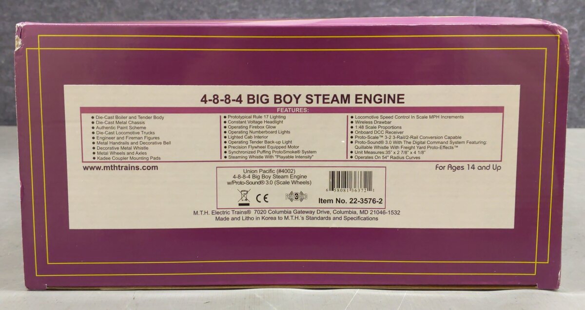 MTH 22-3576-2 O Union Pacific 4-8-8-4 Big Boy Steam Loco & Tender #4002 (2-Rail) EX/Box