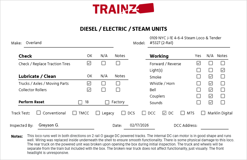 Overland 0109 O Brass NYC J-1E 4-6-4 Steam Loco & Tender #5327 (2-Rail)- Painted/Box